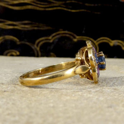 Vintage 1.25ct Blue and Purple Sapphire and Diamond Flower Cluster Ring