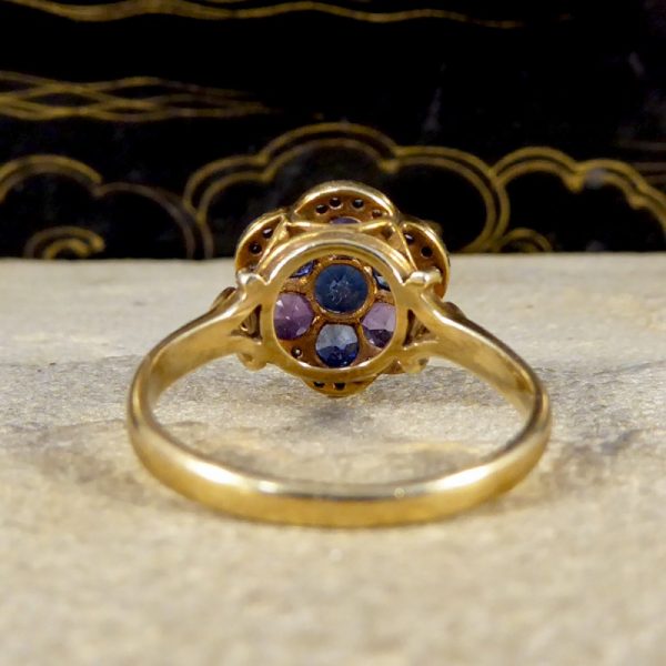 Vintage 1.25ct Blue and Purple Sapphire and Diamond Flower Cluster Ring