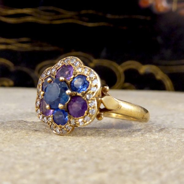 Vintage 1.25ct Blue and Purple Sapphire and Diamond Flower Cluster Ring