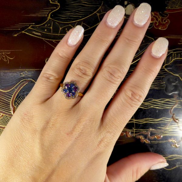 Vintage 1.25ct Blue and Purple Sapphire and Diamond Flower Cluster Ring