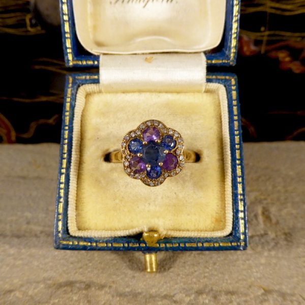 Vintage 1.25ct Blue and Purple Sapphire and Diamond Flower Cluster Ring