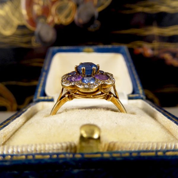 Vintage 1.25ct Blue and Purple Sapphire and Diamond Flower Cluster Ring