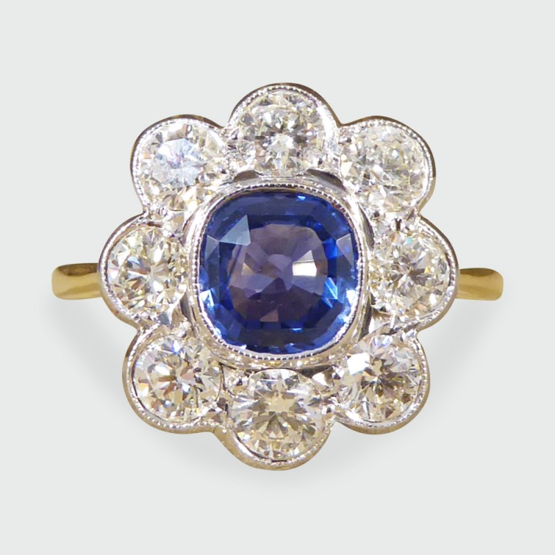 Sapphire and Diamond Cluster Ring