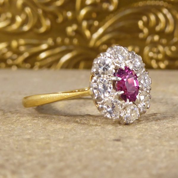Vintage Ruby and Round Brilliant Cut Diamond Cluster Ring, 18ct Gold