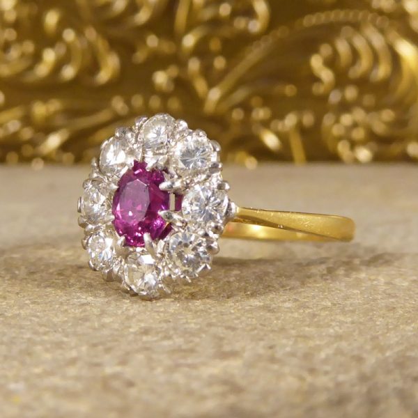 Vintage Ruby and Round Brilliant Cut Diamond Cluster Ring, 18ct Gold