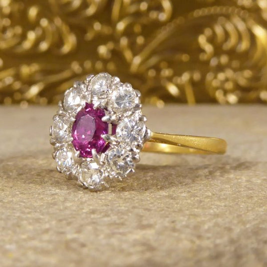 Vintage Ruby and Round Brilliant Cut Diamond Cluster Ring, 18ct Gold