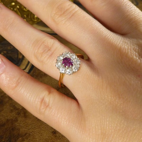 Vintage Ruby and Round Brilliant Cut Diamond Cluster Ring, 18ct Gold