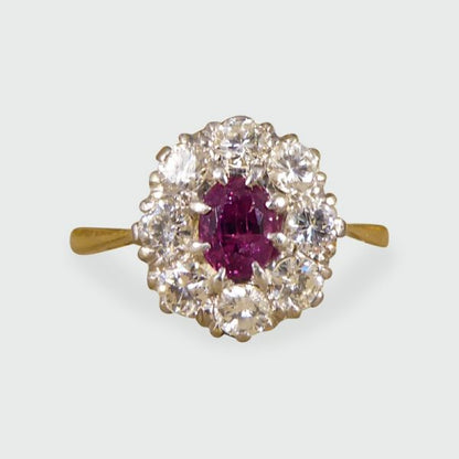 Vintage Ruby and Round Brilliant Cut Diamond Cluster Ring, 18ct Gold