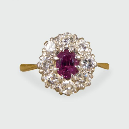 Vintage Ruby and Round Brilliant Cut Diamond Cluster Ring, 18ct Gold
