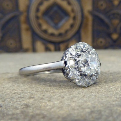 Antique Art Deco 1.30ct Diamond Cluster Ring, 18ct White Gold and Platinum