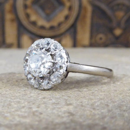 Antique Art Deco 1.30ct Diamond Cluster Ring, 18ct White Gold and Platinum