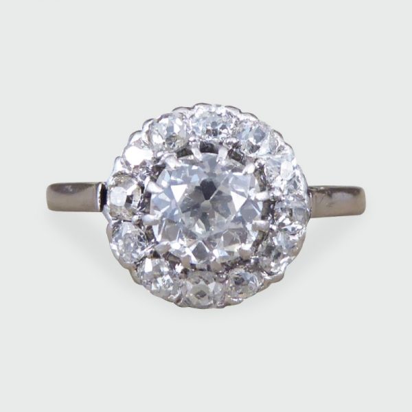 Antique Art Deco 1.30ct Diamond Cluster Ring, 18ct White Gold and Platinum