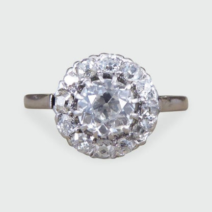Antique Art Deco 1.30ct Diamond Cluster Ring, 18ct White Gold and Platinum