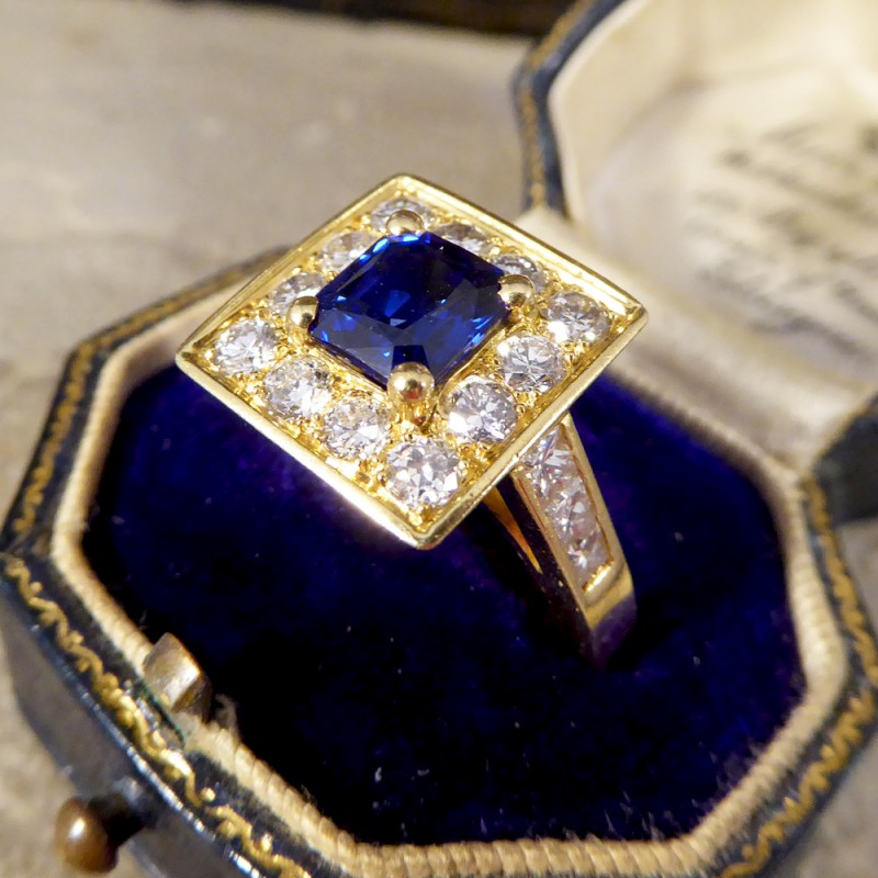Vintage French Sapphire and Diamond Square Faced Ring