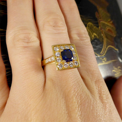Vintage French Sapphire and Diamond Square Faced Ring