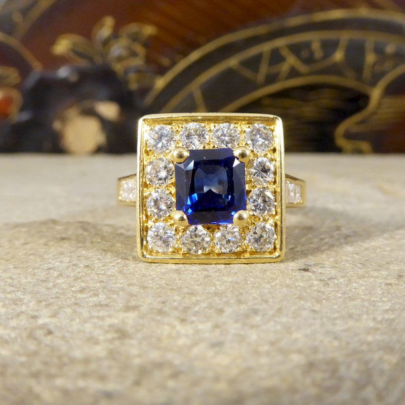 Vintage French Sapphire and Diamond Square Faced Ring