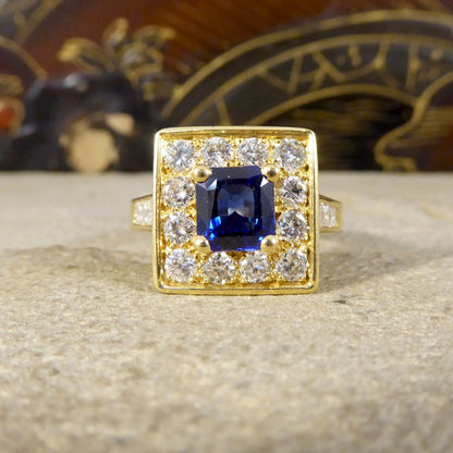 Vintage French Sapphire and Diamond Square Faced Ring