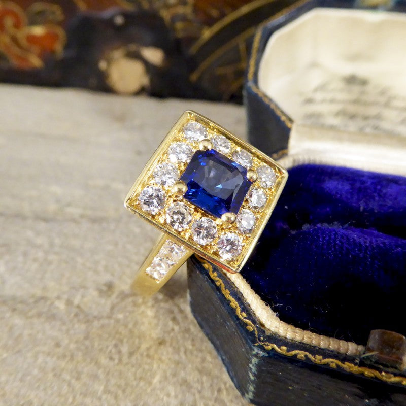 Vintage French Sapphire and Diamond Square Faced Ring