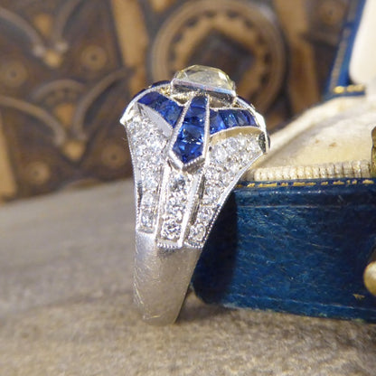 Lemon Tinted Diamond and French Cut Sapphire Cross Ring
