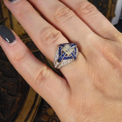 Lemon Tinted Diamond and French Cut Sapphire Cross Ring