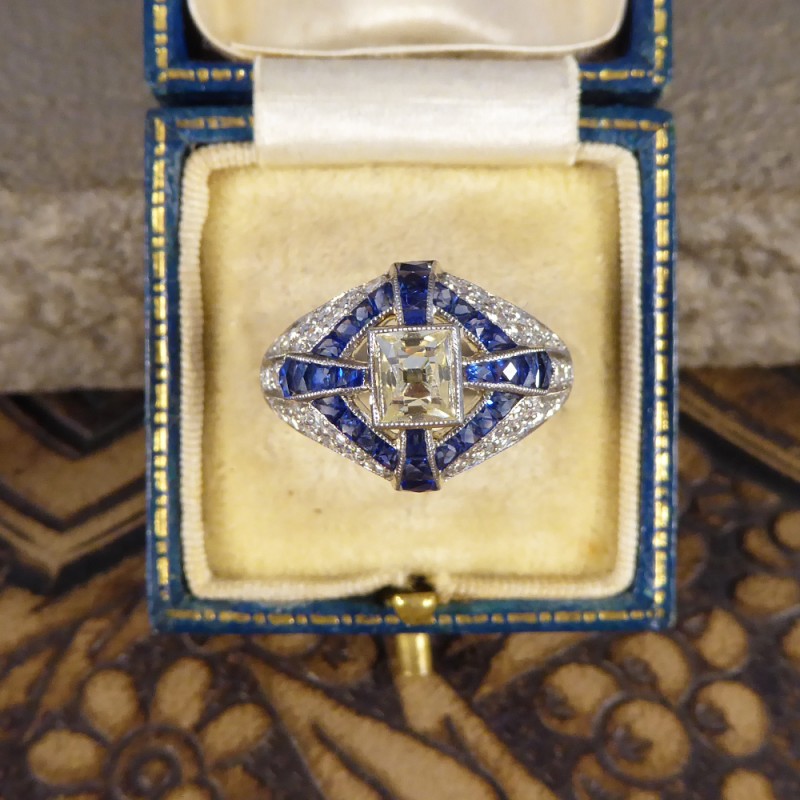 Lemon Tinted Diamond and French Cut Sapphire Cross Ring