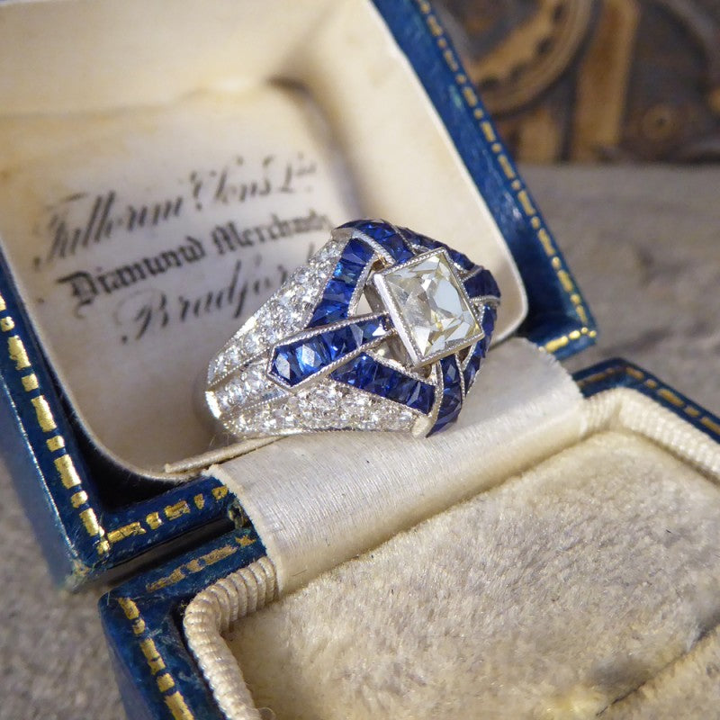 Lemon Tinted Diamond and French Cut Sapphire Cross Ring