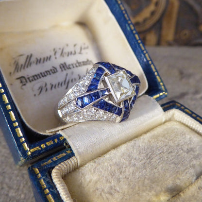 Lemon Tinted Diamond and French Cut Sapphire Cross Ring