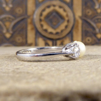 Vintage Pearl and Old European Cut Diamond Three Stone Ring