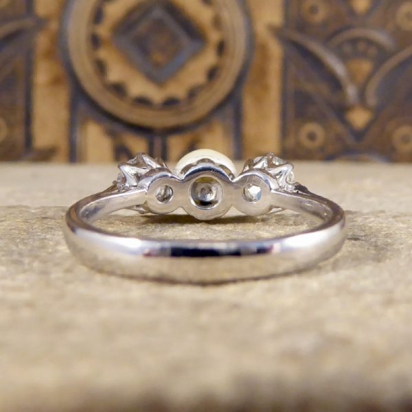 Vintage Pearl and Old European Cut Diamond Three Stone Ring