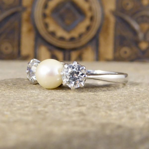 Vintage Pearl and Old European Cut Diamond Three Stone Ring