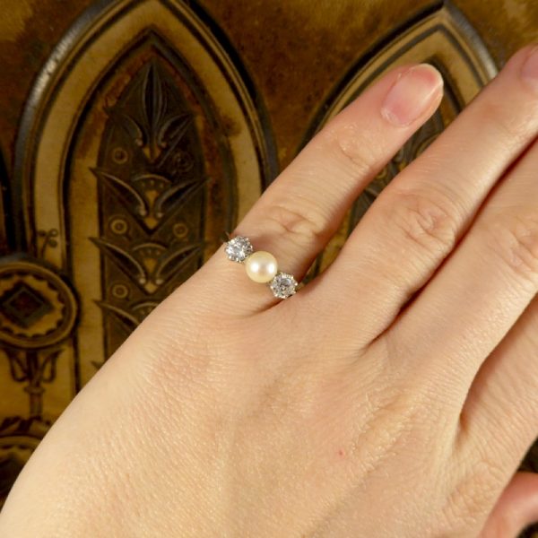Vintage Pearl and Old European Cut Diamond Three Stone Ring