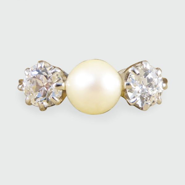 Vintage Pearl and Old European Cut Diamond Three Stone Ring