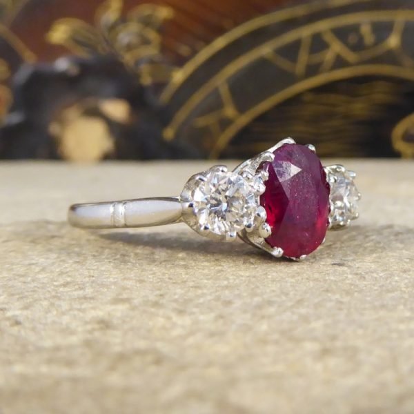 2.00ct Ruby and Diamond Three Stone Ring, Platinum