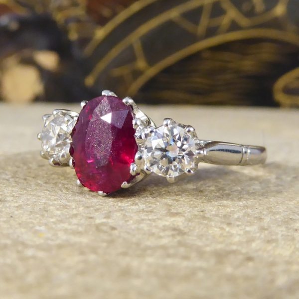2.00ct Ruby and Diamond Three Stone Ring, Platinum