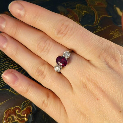 2.00ct Ruby and Diamond Three Stone Ring, Platinum