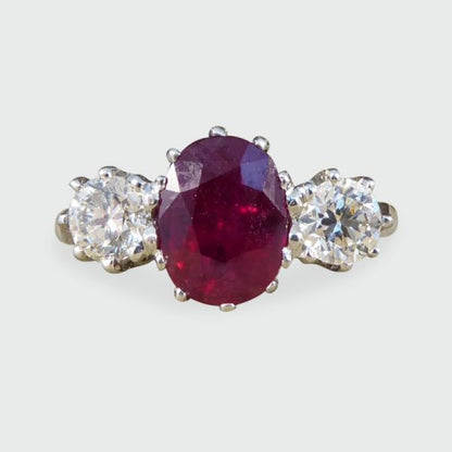 2.00ct Ruby and Diamond Three Stone Ring, Platinum