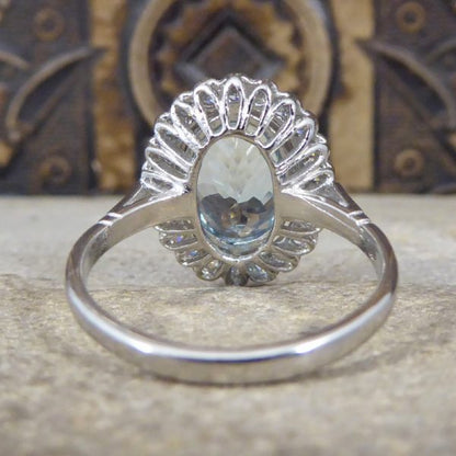 Aquamarine and Diamond Halo Cluster Ring