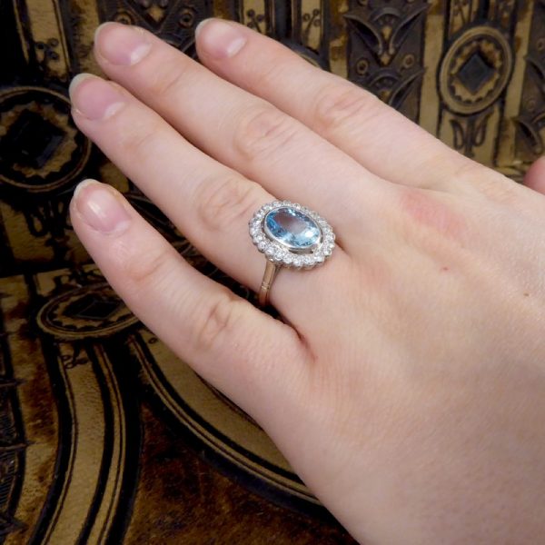 Aquamarine and Diamond Halo Cluster Ring