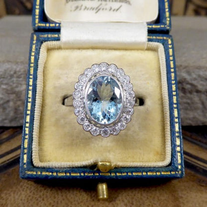 Aquamarine and Diamond Halo Cluster Ring