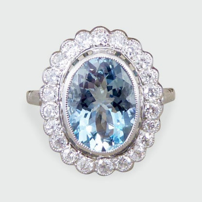 Aquamarine and Diamond Halo Cluster Ring