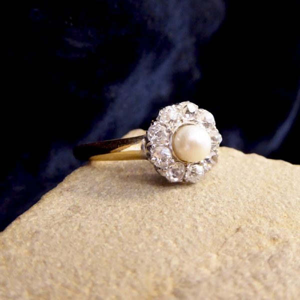 Antique Edwardian Diamond and Pearl Cluster Ring