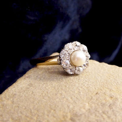 Antique Edwardian Diamond and Pearl Cluster Ring