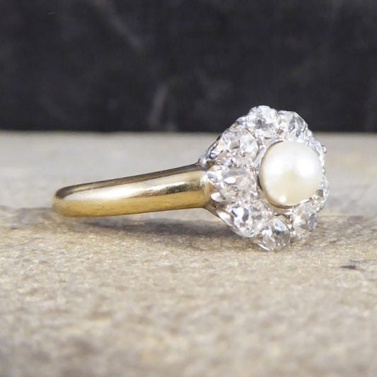Antique Edwardian Diamond and Pearl Cluster Ring