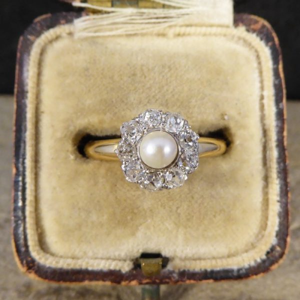 Antique Edwardian Diamond and Pearl Cluster Ring