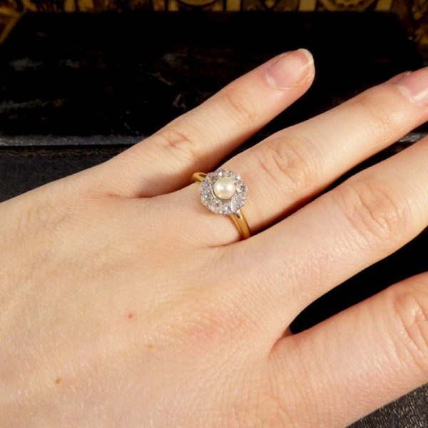 Antique Edwardian Diamond and Pearl Cluster Ring