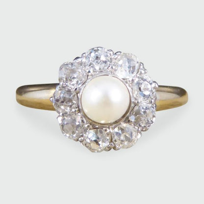 Antique Edwardian Diamond and Pearl Cluster Ring