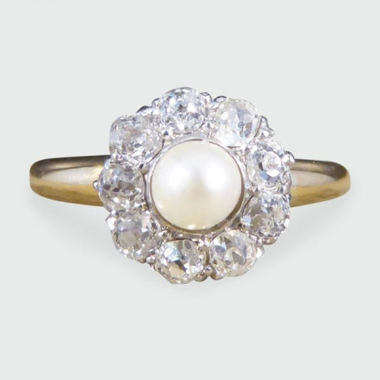 Antique Edwardian Diamond and Pearl Cluster Ring