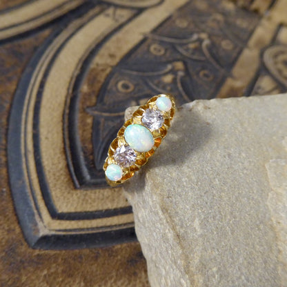 Antique Edwardian Opal and Round Cut Diamond Five Stone Ring