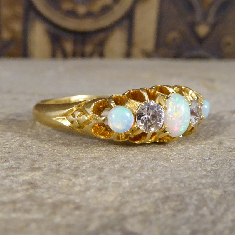 Antique Edwardian Opal and Round Cut Diamond Five Stone Ring