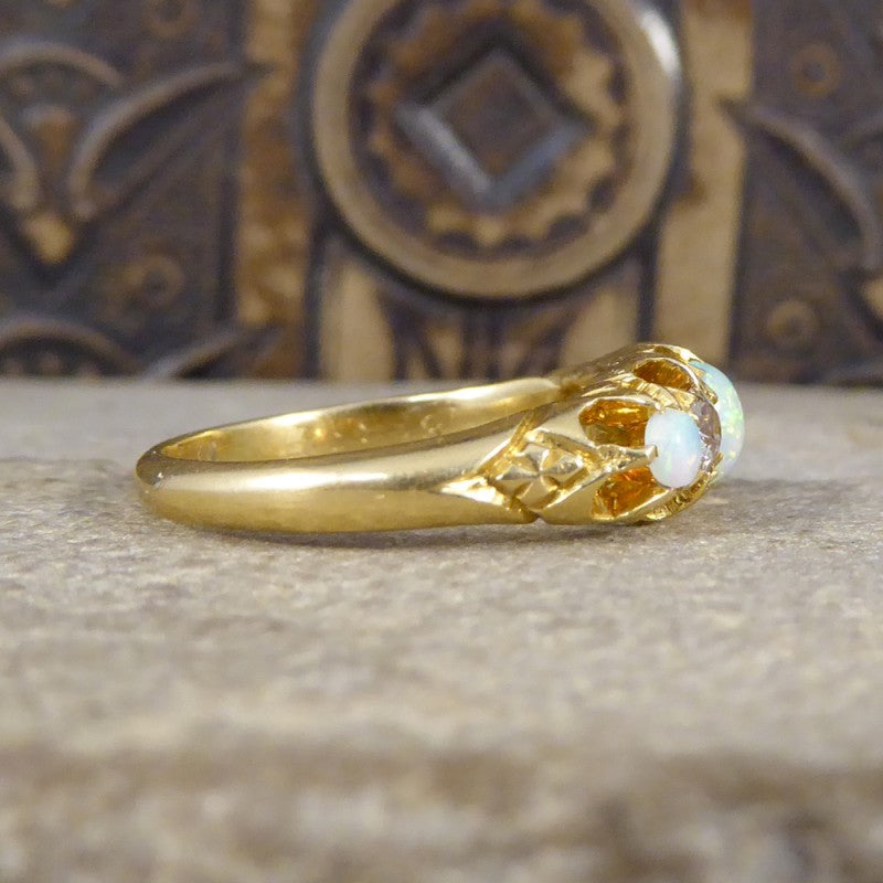 Antique Edwardian Opal and Round Cut Diamond Five Stone Ring